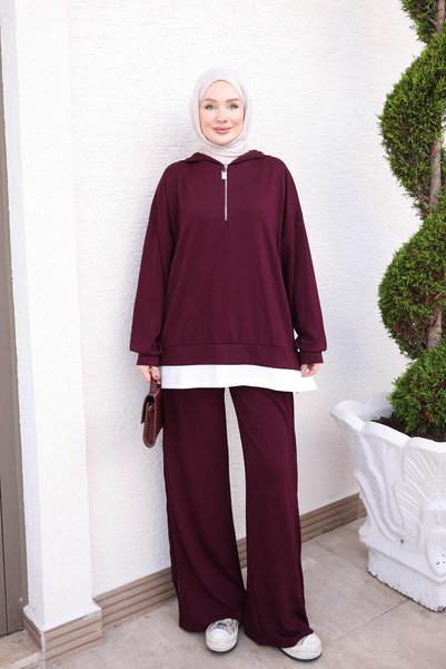 İmajButik Plum Collar Zippered Hooded Tunic Pants Set