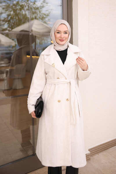 İmajButik Ecru Double-Breasted Collar Lined Cashmere Coat