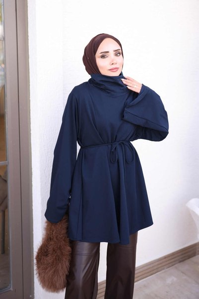 İmajButik Navy Blue Tie-Waist High-Neck Tunic