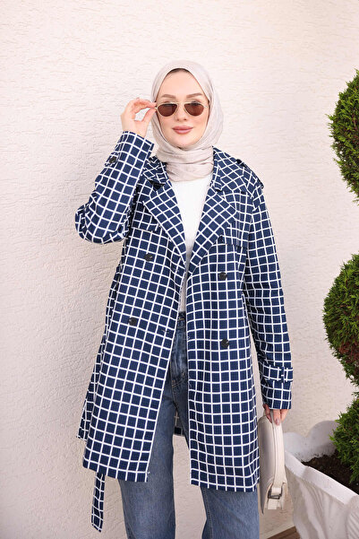 İmajButik معطف ترنش كاروهات مبطن بياقة مزدوجة الصدر باللون الأزرق الداكن