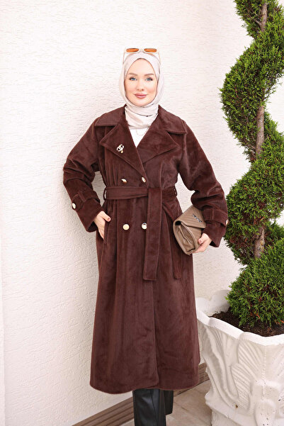 İmajButik معطف بني اللون بياقة مزدوجة مبطن ومطرز
