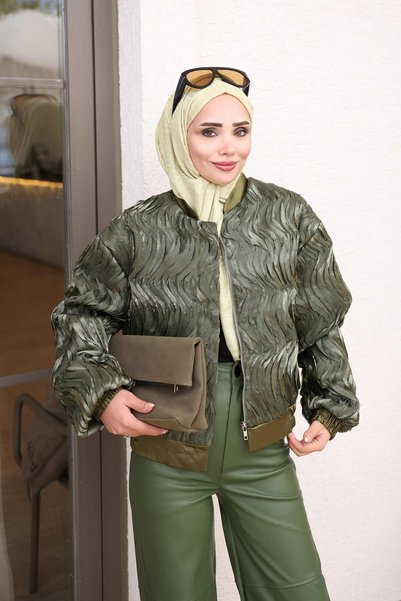 İmajButik Khaki Jakar Janjan Ruffled Bomber Jacket