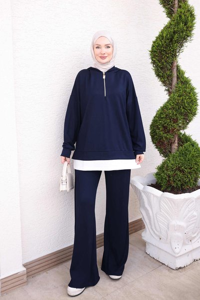 İmajButik Navy Blue Collared Zippered Hooded Tunic Pants Set