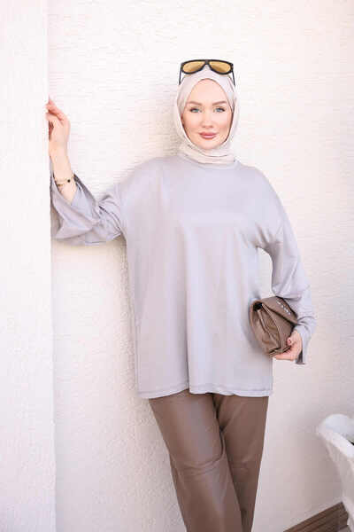 İmajButik Gray Crew Neck Wide Sleeve Tunic