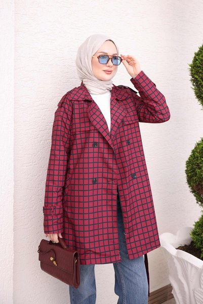 İmajButik معطف ترنش مربعات مبطن بياقة مزدوجة الصدر باللون العنابي