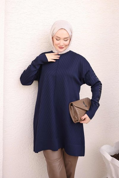 İmajButik Navy Blue Cold Yarn Knitwear Tunic with Stone Detail on the Sleeve