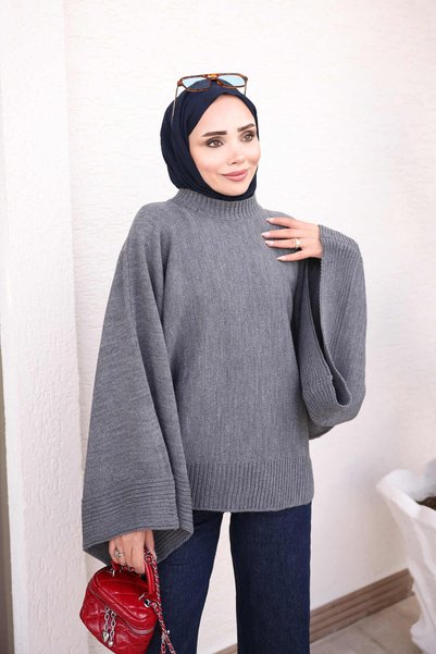 İmajButik Smoked Bat Sleeve Casual Knitwear Sweater