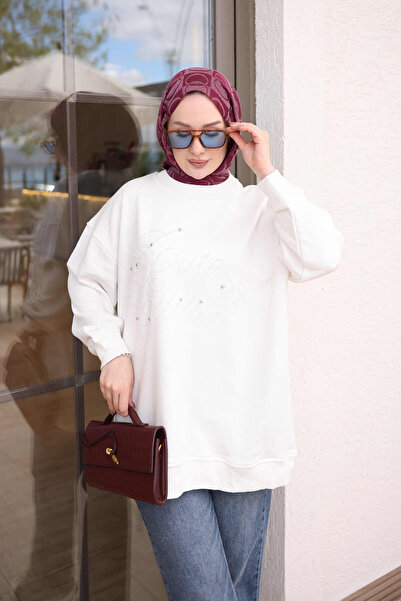 İmajButik Ecru Bead Embroidered Two-Thread Sweatshirt