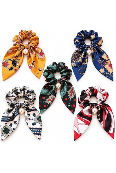 Generic 6-Piece Bow Scarf Scrunchie Set with Faux Pearl Charms, Assorted Colors