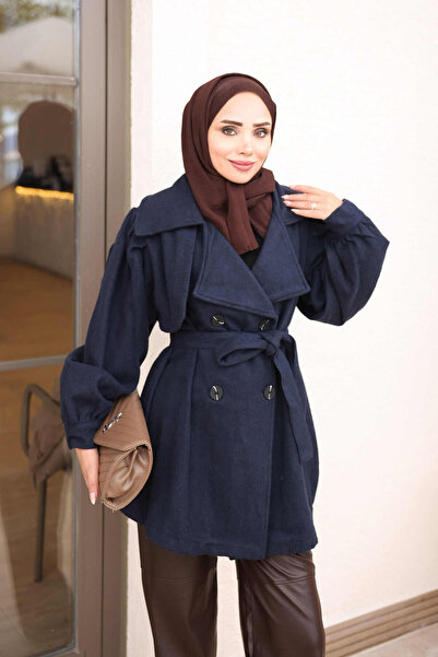 İmajButik معطف قصير باللون الأزرق الداكن بياقة مزدوجة وحزام خصر
