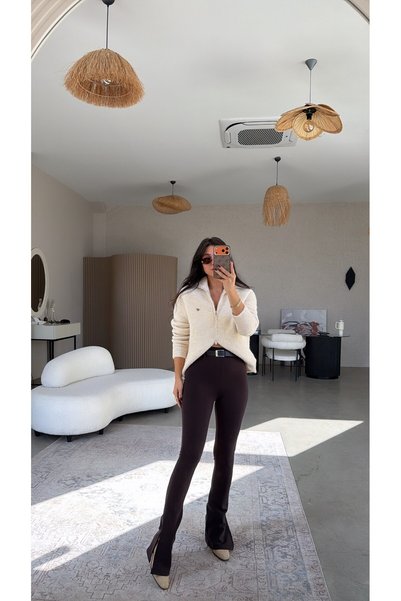 Buket Teke Brown Belted Tapered Leggings with Slit Detail