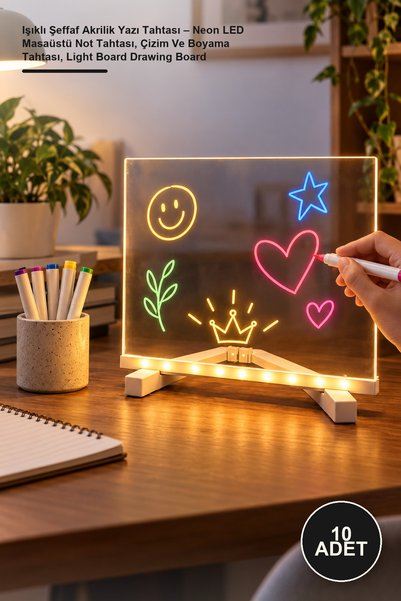 Yenilig 10 Adet Işıklı Şeffaf Akrilik Yazı Tahtası – Neon LED Masaüstü Not Ta...