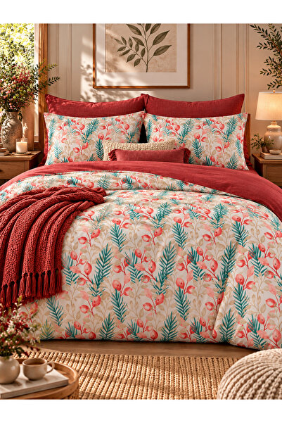 MyStory Home Lastikli Çarşaflı Çift Kişilik Nevresim Takımı Lemon Red Kırmızı