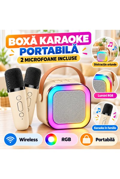 iTin Boxa portabila karaoke, 2 microfoane, 4 porturi, wireless, RGB, bej
