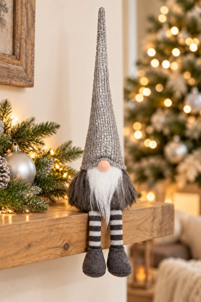 SBR Decorative Christmas gnome, 37 cm, gray hat with sequins and striped hang...