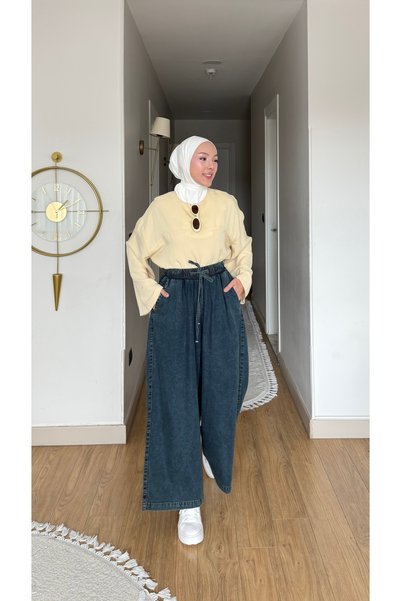 MİLSENA Yüksek Bel Beli Lastikli Bol Paça Jean Pantolon