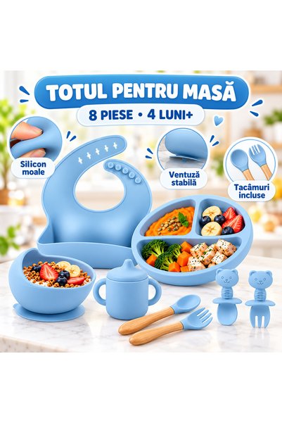 iTin Set hranire bebelusi 8 piese, silicon, farfurie cu ventuza, bol, cana si...