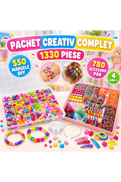 iTin Set creativ copii 1330 piese, margele DIY si accesorii de par, multicolor, 4 ani+