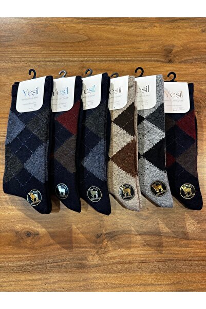 YEŞİL Men's Lambswool Seamless Plaid Pattern 80% Lambswool Socks 6-Pack