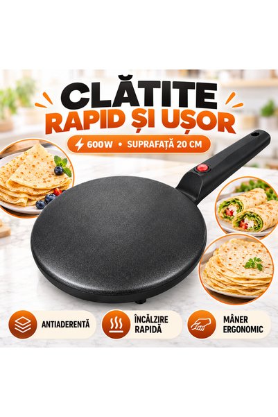 iTin Tigaie electrica pentru clatite, 600W, antiaderenta, 20 cm, termostat au...