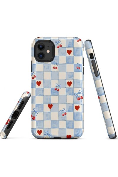 EDELFU متوافق مع iPhone 11 - قلوب حمراء مع مربعات زرقاء وبيضاء، غطاء مزدوج ال...
