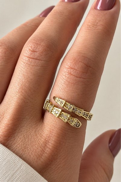 Kokoş Ring Snake Design Zircon Stone Steel Adjustable Gold Color