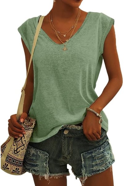 GENERAL Langwyqu Womens Cap Sleeve Blouses T-Shirt Casual Loose Fit Basic Shi...