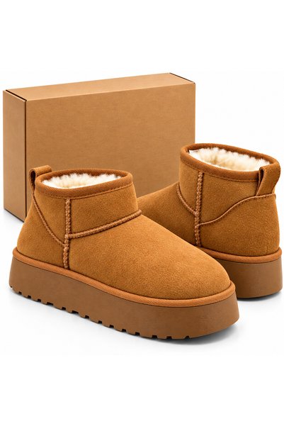 Generic Brand Women's Fur Lined Platform Sole Short Boots Suede Look Thick Sole Winter Warm Casual Boots Tan