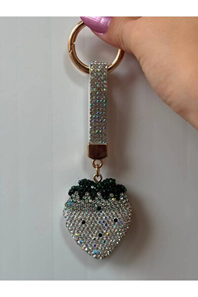 mixify Strawberry Silver/Green Zircon Stone Charm/Keychain/Car Ornament Silver