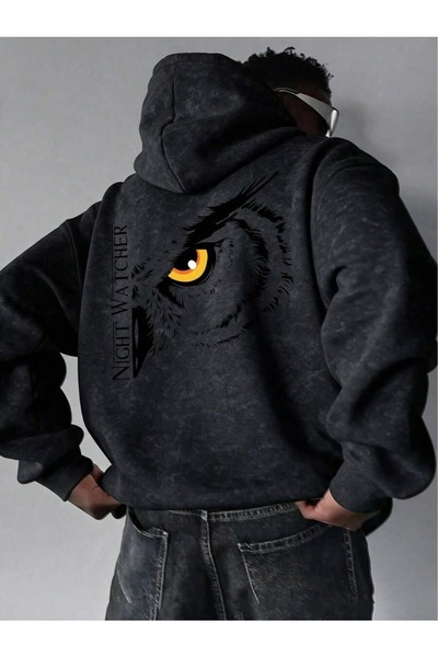 HAI COLLECTİON Night Watcher Baskılı Oversize Kapüşonlu Sweatshirt Siyah Unis...