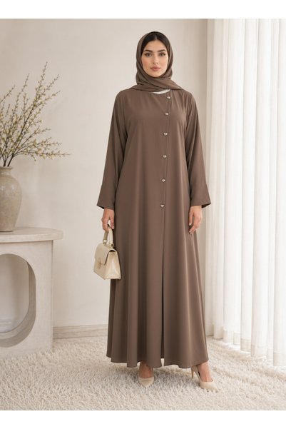 Msquare Fashion Brown Korean Nida Abaya – Asymmetrical Button Design with Mat...