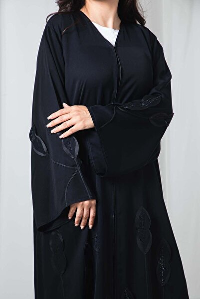 Msquare Fashion Embroidered Black Nida Abaya with Leaf Laser Cut Style and Sheila