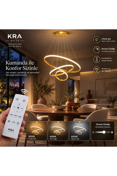 kra avize Saturn Gold 3’lü Kumandalı 3 Renk LED Avize
