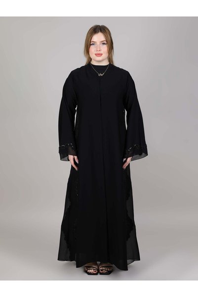 Msquare Fashion V-Neck Nida and Organza Fabric Black Embroidered Open Abaya