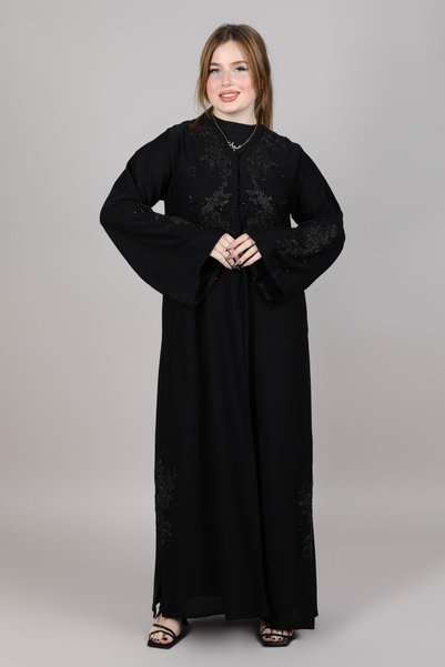 Msquare Fashion Black Korean Nida Abaya with Front Embroidered Abaya