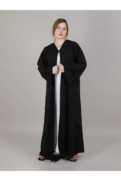 Msquare Fashion Black Korean Nida Open Abaya With Thread Work