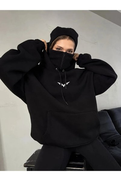 Siyah Maskeli Kapüşonlu Sweatshirt Oversize 3 İplik Şardonlu Unisex Hoodie