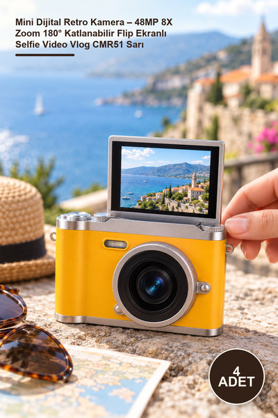 4 Adet Mini Dijital Retro Kamera – 48MP 8X Zoom 180° Katlanabilir Flip Ekranlı Selfie Video Vlog CMR51 Sarı