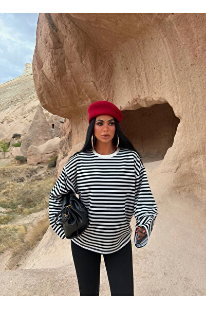 kırmızı butiks Black Modal Striped Basic Sweatshirt