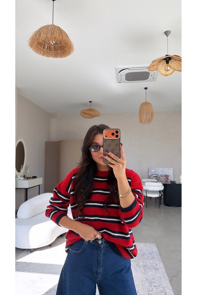 Buket Teke Red Navy Blue Striped Mimi Sweater
