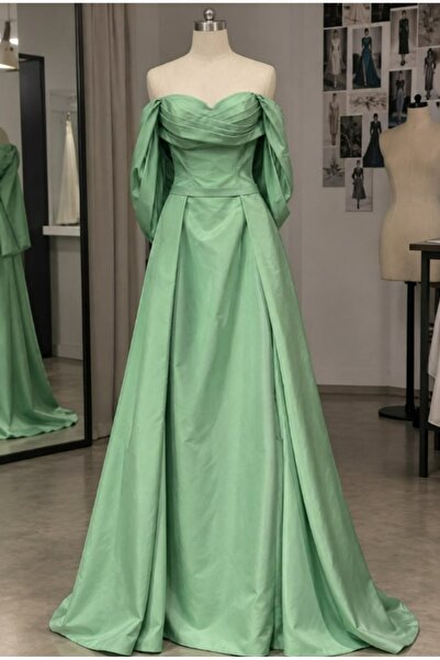 KedyKids Mint Green Off-Shoulder Balloon Sleeve Event and Graduation Dress
