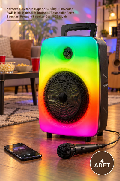 Yenilig 4 Adet Karaoke Bluetooth Hoparlör – 8 İnç Subwoofer, RGB Işıklı, Kablolu Mikrofonlu, Taşınabilir Party Speaker, Portable Speaker Gts-1802 Siyah