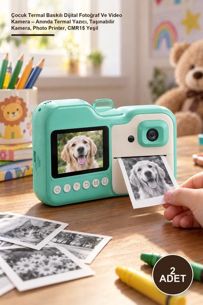 Yenilig 2 Adet Çocuk Termal Baskılı Dijital Fotoğraf Ve Video Kamera – Anında Termal Yazıcı, Taşınabilir Kamera, Photo Printer, CMR15 Yeşil