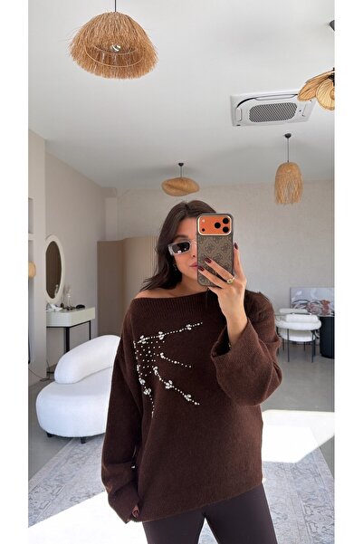 Buket Teke Brown Stone Boat Neck Soft Sweater