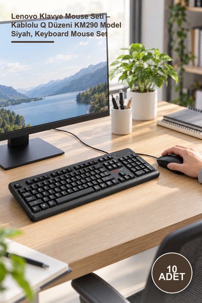 Yenilig 10 Adet Lenovo Klavye Mouse Seti – Kablolu Q Düzeni KM290 Model Siyah, Keyboard Mouse Set