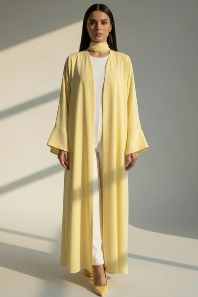 Msquare Fashion Pastel Yellow Open Abaya with Bell Sleeves, Lightweight Every...