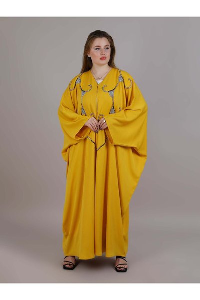Msquare Fashion Yellow V-Neck Embroidered abaya
