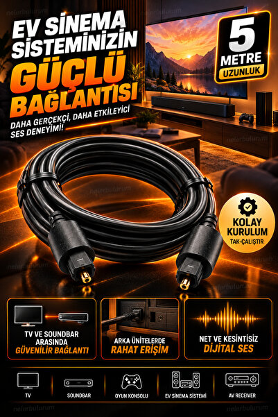 nelerbulurum 5 Metre Optik Ses Kablosu Toslink SPDIF Dijital Fiber Optik Kablo – TV, Soundbar, Ev Sinema Sistemi, Amfi ve AV Receiver Uyumlu