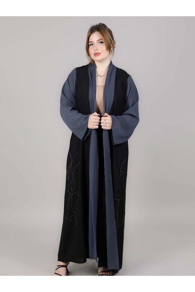 Msquare Fashion Black And Grey Embroidered Open Abaya