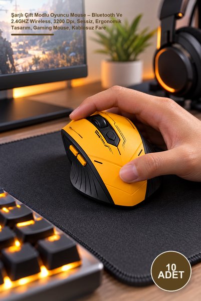 Yenilig 10 Adet Şarjlı Çift Modlu Oyuncu Mouse – Bluetooth Ve 2.4GHZ Wireless, 3200 Dpı, Sessiz, Ergonomik Tasarım, Gaming Mouse, Kablosuz Fare